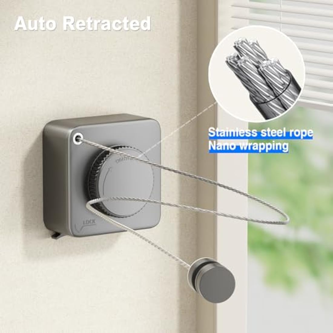 MUSTORN Retractable Washing Line, Non-Sagging Clothes Line Indoor & Outdoor Heavy Duty Extendable Washing Line Wall Mounted Stainless Steel Line-4.6M（Gray）