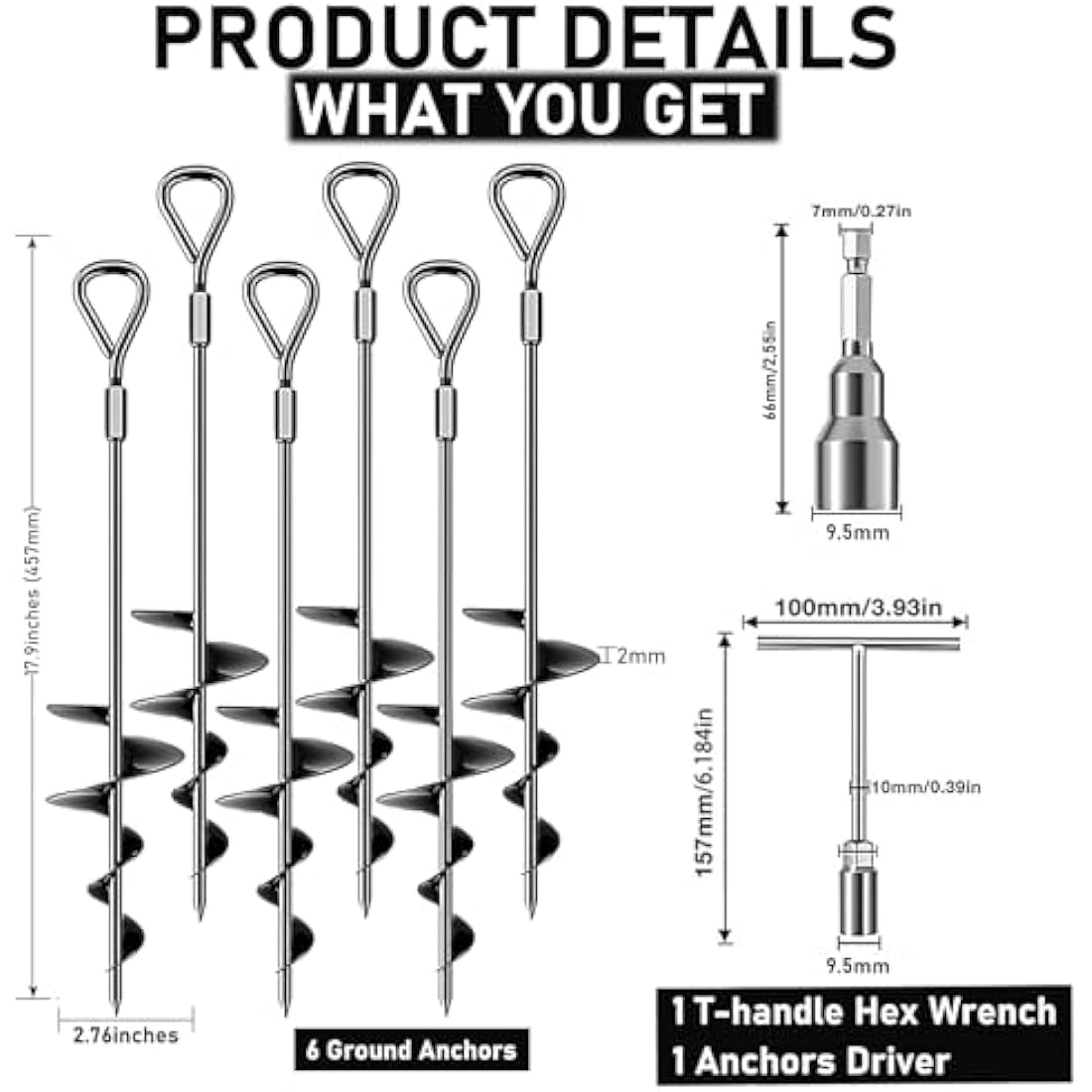 Tent Pegs 6 Pack, Metal Heavy Duty Ground Anchor (45cm Tall) Screw in Trampolines Spike Swing Set, Dog Carport, Canopy Stakes Kit, Mobile Home Anchors