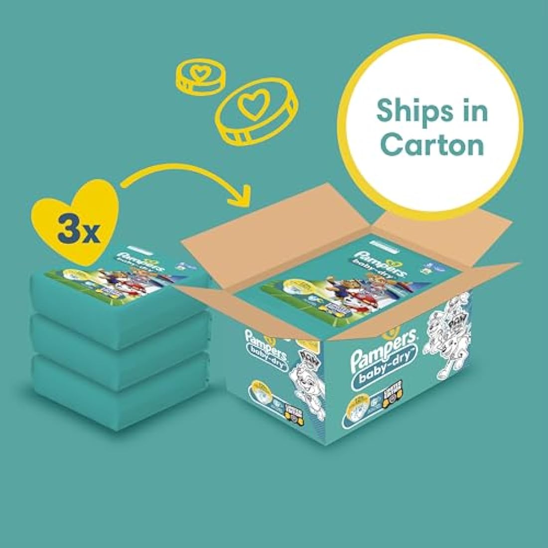 Pampers Baby-Dry Paw Patrol Edition Size 5, 186 Nappies, 11kg - 16kg, Monthly Pack, with A Stop & Protect Pocket to Help Prevent Leaks at The Back