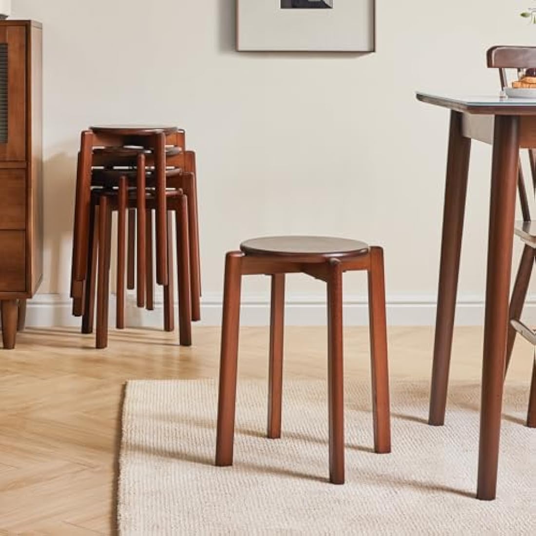 YMYNY 4pcs Solid Wood Round Stool, Shoes change Stool, Dressing Stool, Small stool, Stackable Stools for Living Room, Dining Room, Kitchen, Classroom, 27×27×45CM Brown HBD026H-4