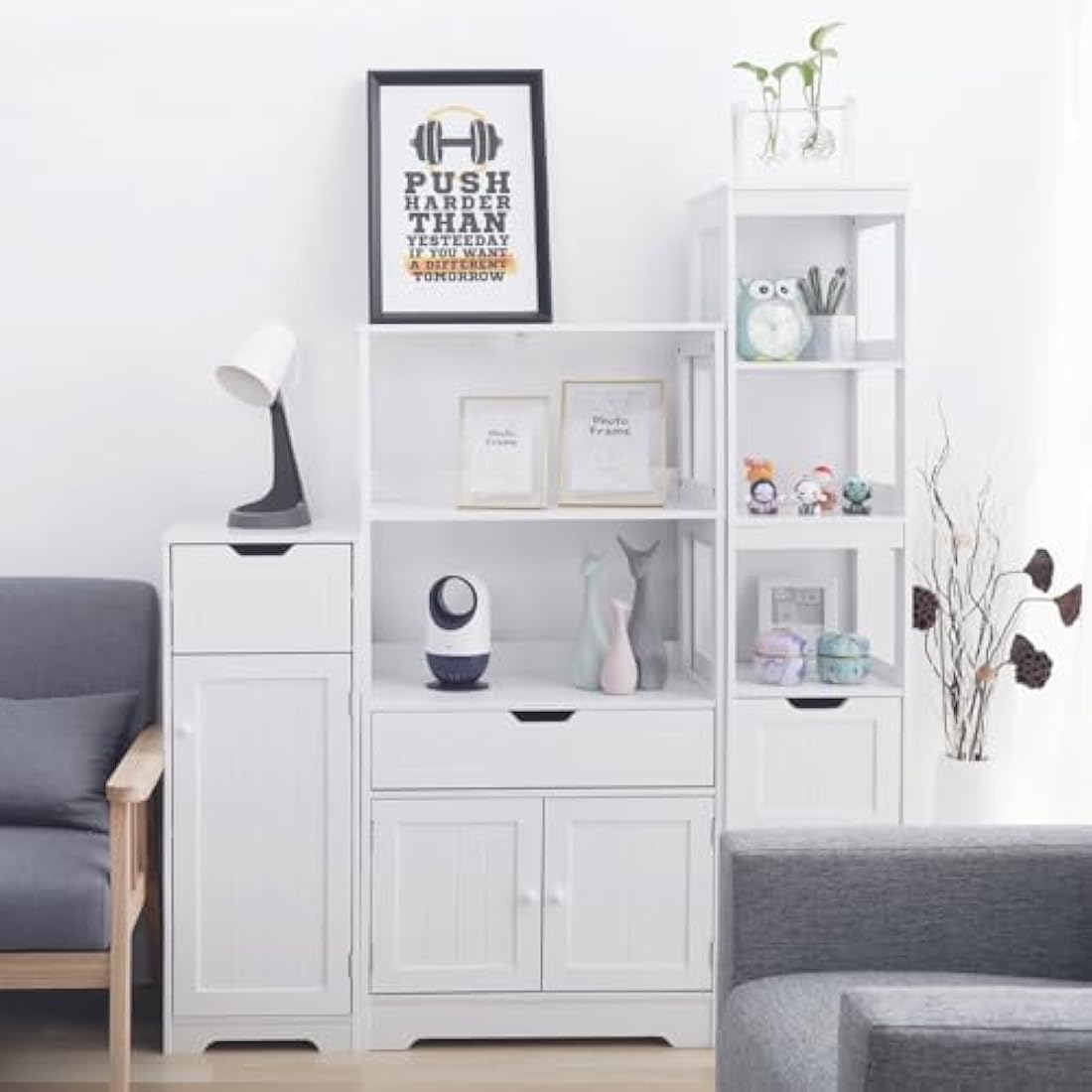 Mondeer Bathroom Floor Cabinet, Storage Unit With 1 Drawer 1 Door 2 Shelves, 32x30x87cm White MDF Painted Wood Free Standing Cupboard for Bathroom Living Room Porch