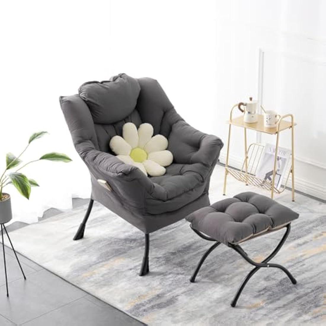 YOTATING Comfy Armchair with Footstool, Lazy Chair with Ottoman Leisure Accent Chair Relax Lounge Chair with Armrests & Side Pocket for Living Room, Bedroom & Small Spaces Armchair, Dark Grey