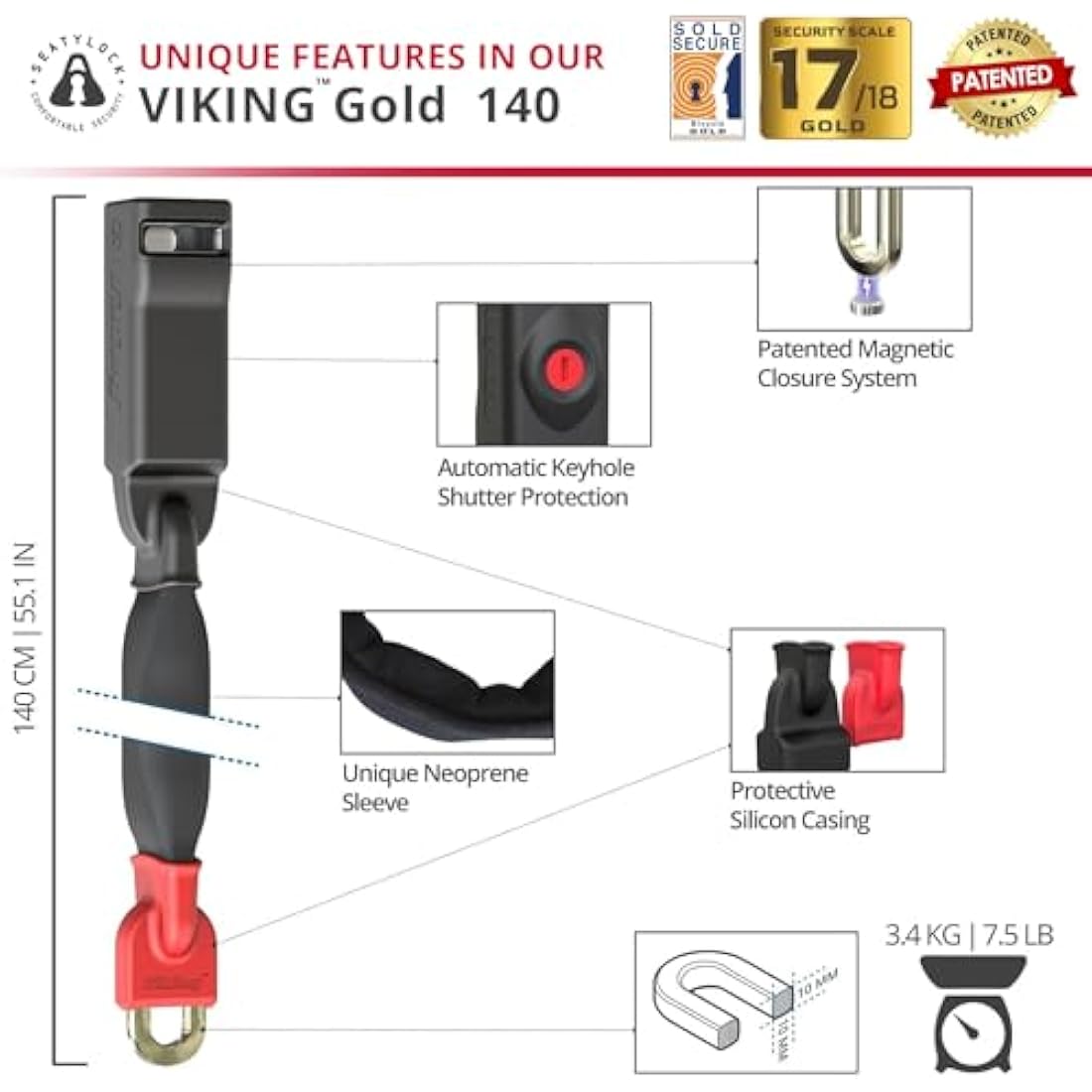 Seatylock Viking Bike Chain Lock with Key - Magnetic Patented Sold Secure Silver Rated - Heavy Duty Anti Theft - Smart Ultra Security Bicycle Lock (140 CM - 55.1")