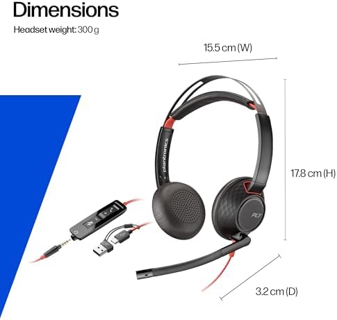 Poly Blackwire 5220 Wired Headset - Flexible Noise-Canceling Boom Mic - Ergonomic Design - Connect to PC/Mac, Mobile via USB-C, USB-A, or 3.5 mm - Works w/Teams, Zoom