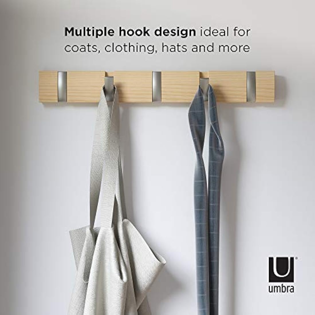 Umbra Flip 5-Hook Wall Mounted Coat Rack, Modern, Sleek, Space-Saving Coat Hanger with 5 Retractable Hooks to Hang Coats, Scarfs, Purses and More, Natural, Natur