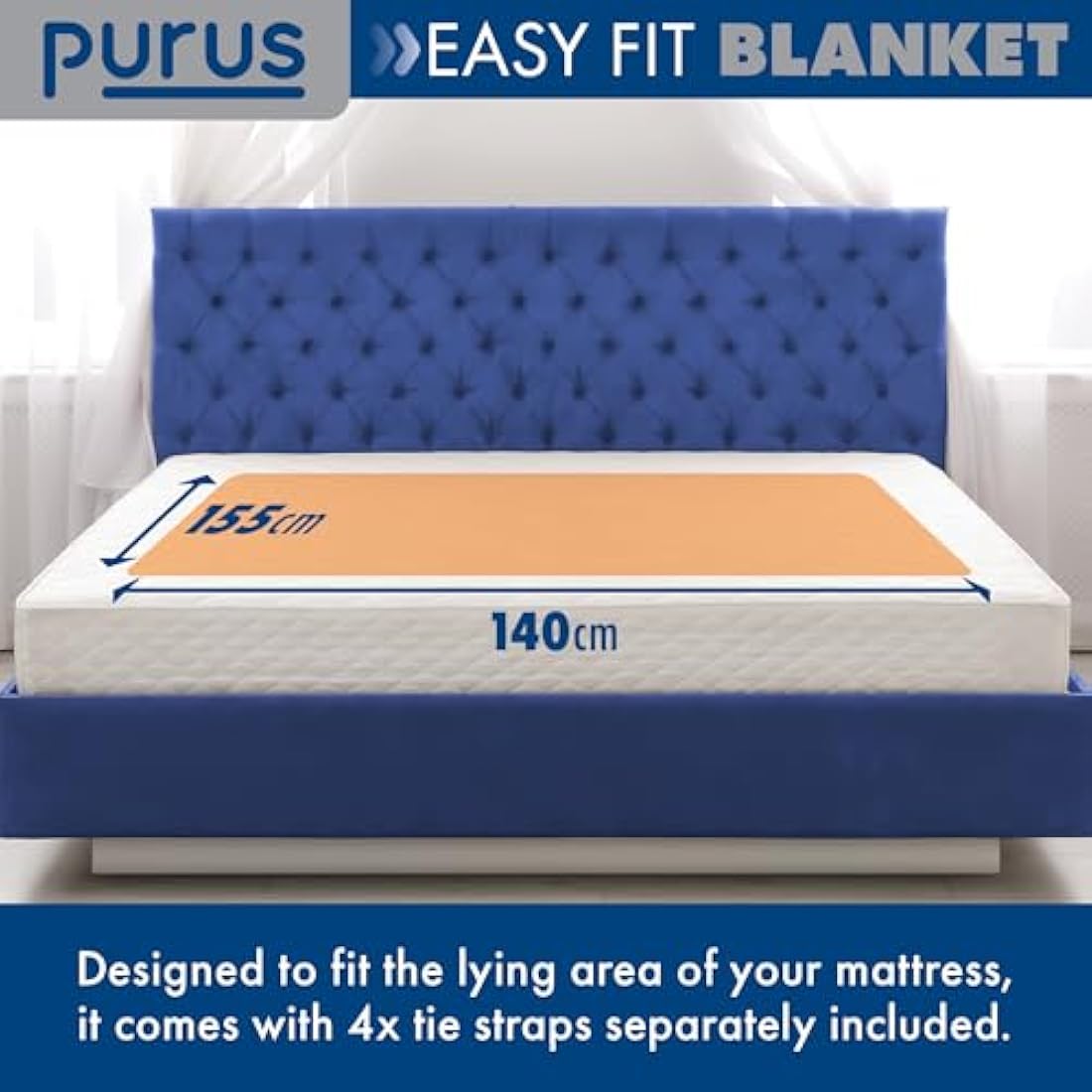 Purus Electric Blanket King Size 155 x 140cm, Soft Polyester Electric Blanket Fitted Underblanket Mattress Cover, 3x Heat Settings, 1x Controller and Machine Washable Heated Blanket