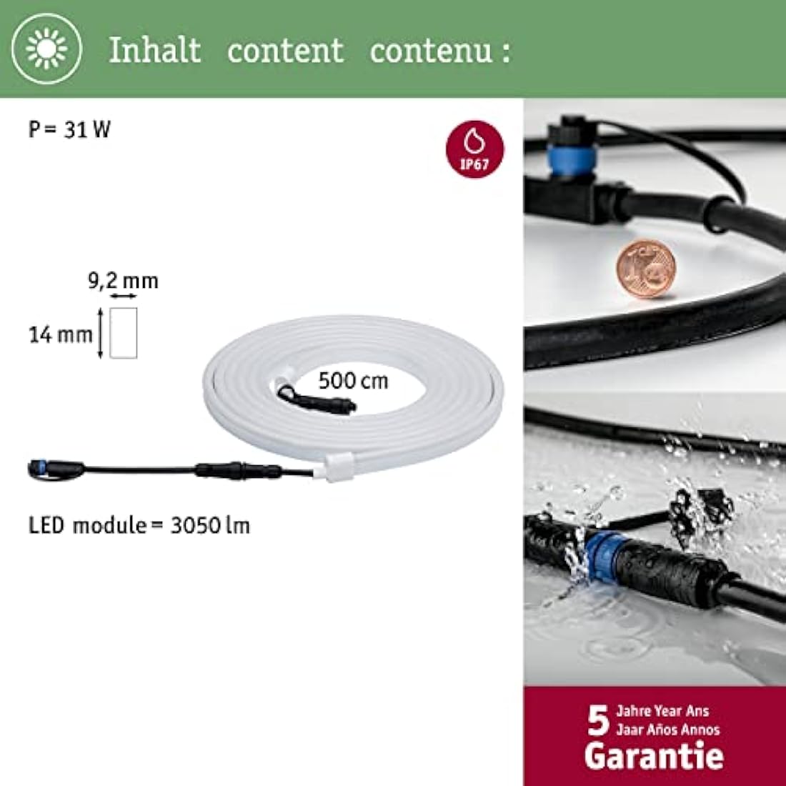 Paulmann 94191 Plug & Shine LED Exterior luminaire Flexible neon Strip incl. 1x31 watt IP67 dimmable Outdoors White Garden luminaire Plastic Garden Light 3000 K