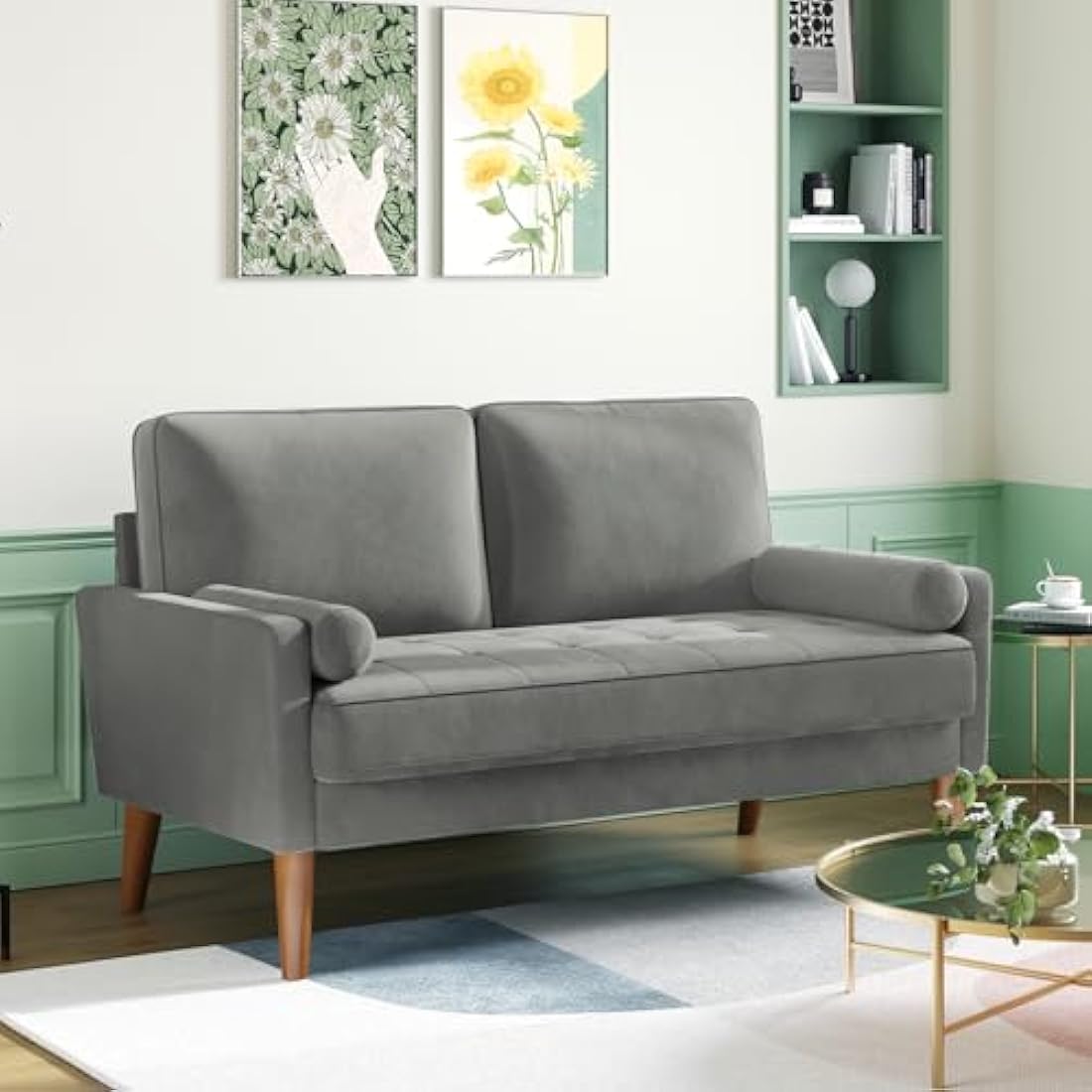 Vesgantti Small 2 Seater Sofa Grey, Comfy Sofa Couch with Spring Cushion, Velvet Sofa with Wood Legs, Modern Love Seat Sofa, Sofa 2 Seater for Living Room, Small Sofa for Bedroom, Grey Office Sofa