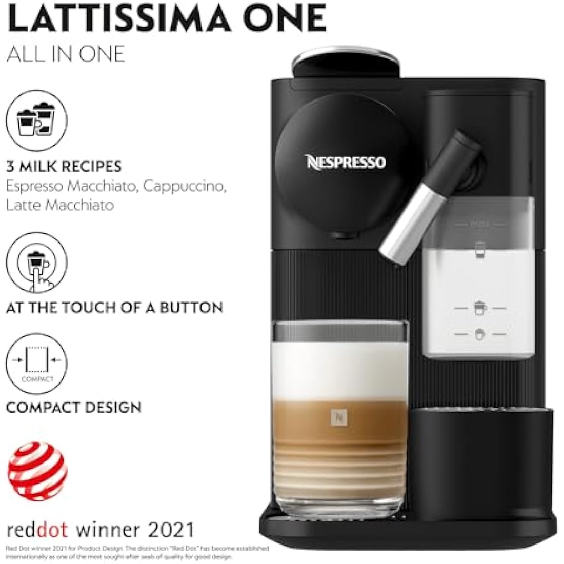 Nespresso Lattissima One Coffee Machine by De'Longhi for Original Coffee Pods, Latte, Cappuccino, Integrated Milk Frother, Starter Capsule Set Included, EN510.B, Black