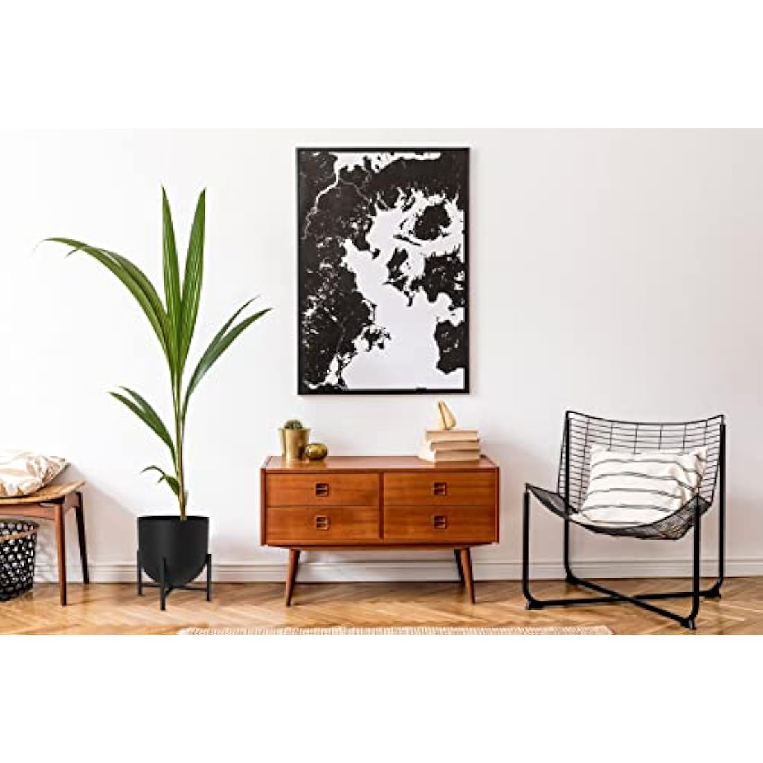 Olly & Rose Plant Pot with Plant Stand - Metal Plant Pots Indoor Planter Large Flower Pot (Black, 22cm)