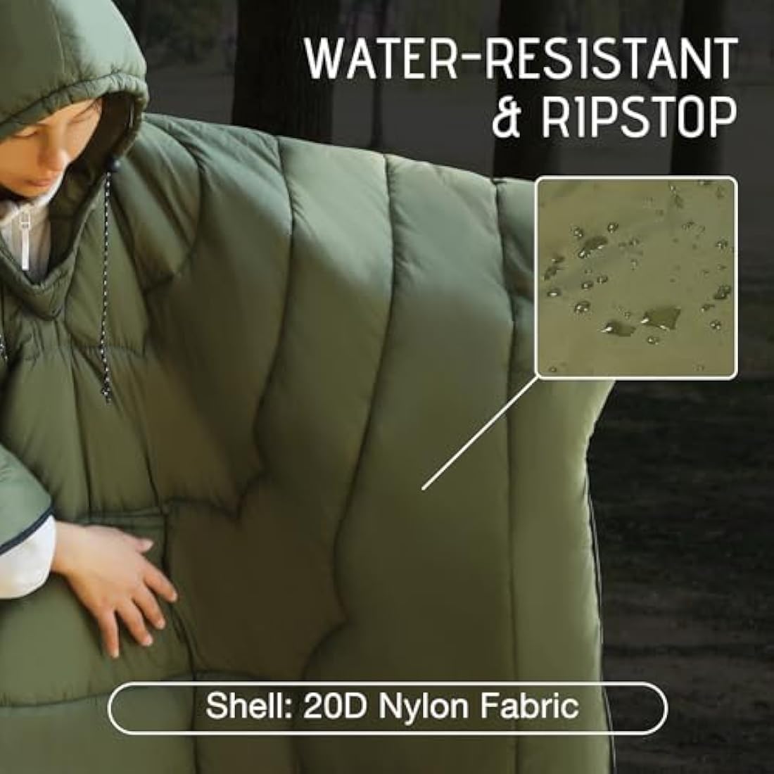 REDCAMP Wearable Camping Blanket Lightweight, Multifunctional Warm Travel Quilt Waterproof, Compact Wearable Poncho with Detachable Hood for Camping, Hiking (Army Green)