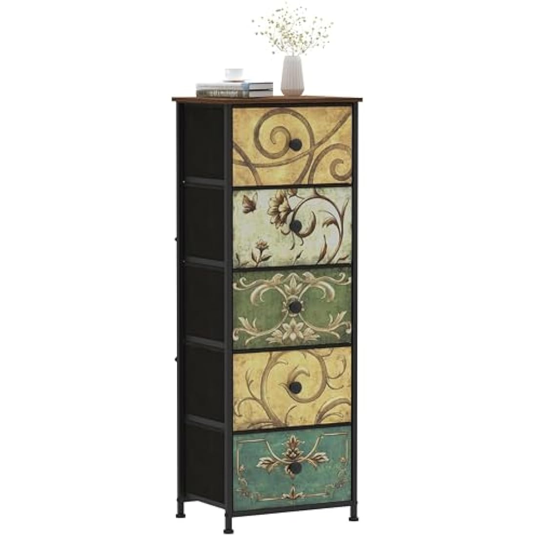 VEDECASA Narrow Tall Chest of Drawers 5 Fabric Drawer Dresser for Bedroom Slim Storage Tower Organizer Unit for Living Room Bedroom Closet Entryway Wood Board Sturdy Metal Frame Easy to Assemble