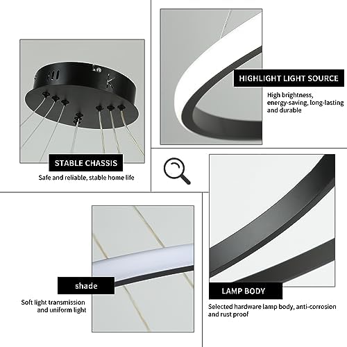 Led Pendant,Dimmable 3 Ring Acrylic Chandelier Lighting Fixture,Black Adjustable Chandeliers Ceiling Light for Kitchen Island Dining Room Living Room Bedroom Foyer Hanging 20+40+60Cm/(7.87+15.7+23.6)