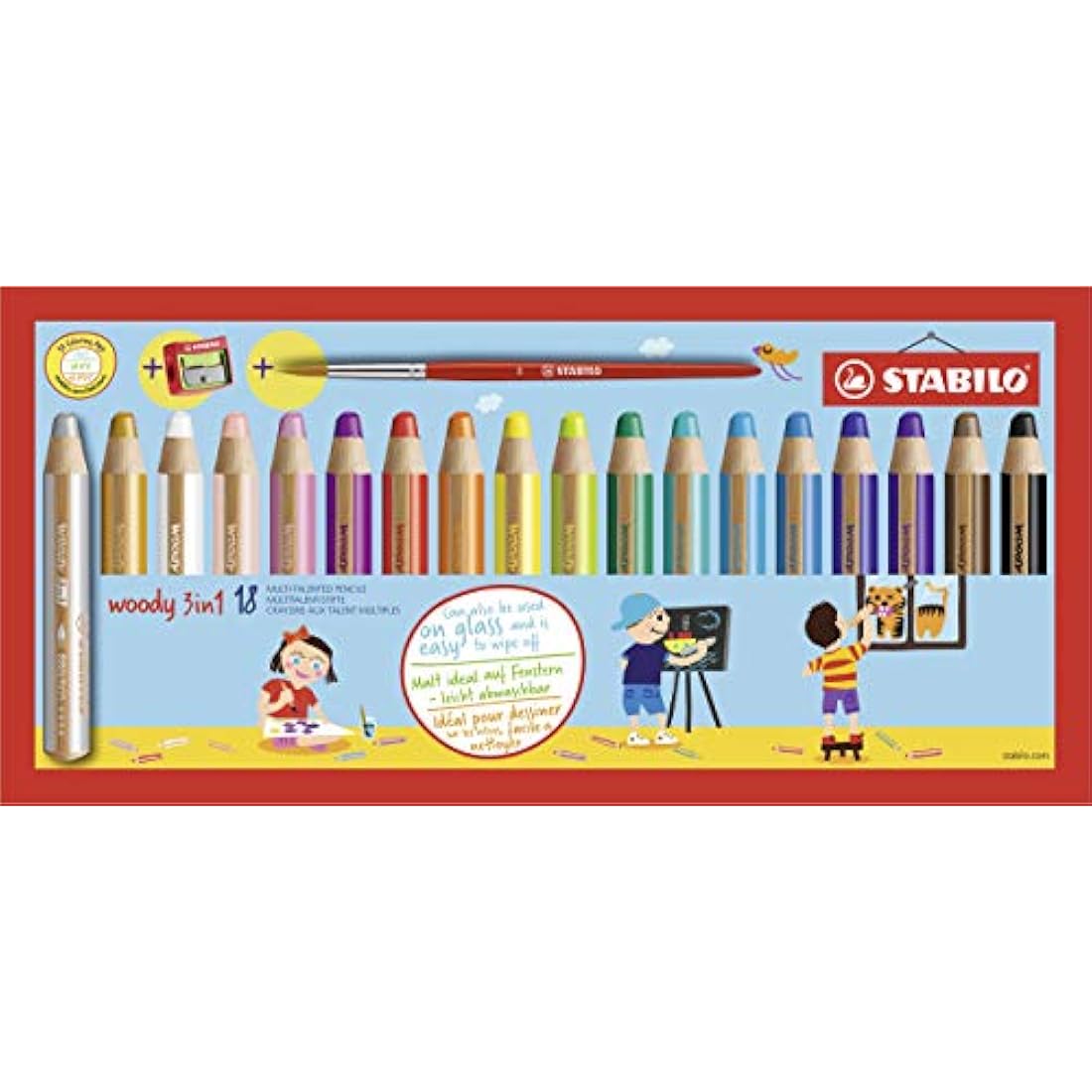 STABILO woody 3-in-1 - Multi-Talented Pencil - Pack of 18 - Assorted Colours with Sharpener and Paint Brush