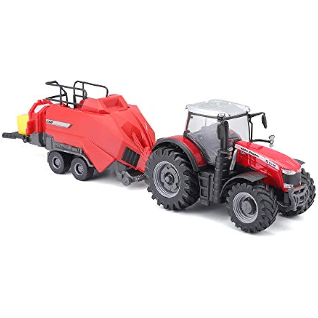 Bburago Die-Cast MASSEY FERGUSSON 8740S TRACTOR with Workiing BALER LIFTER - Detailed Replica Collectible Model Toy, Red