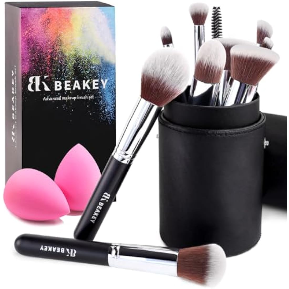 BEAKEY Makeup Brushes, Foundation Brushes, Blending Face Powder Blush Eyeshadow Brushes, Gift for Ladies and Girls, Brush Sets with Two Sponges (10+2pcs, with Black Brush Case)