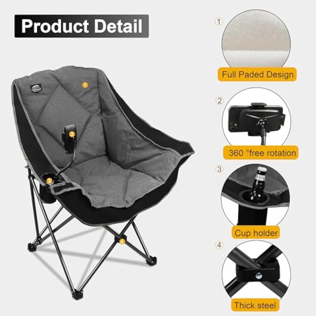 LANMOUNTAIN Oversized Folding Camping Chairs,Portable Heavy Duty Outdoor Padded Lawn Chair w/Phone Holder,Cup Holder Perfect for Adults Picnic,Parties,Picnics and Beach Trips,Black