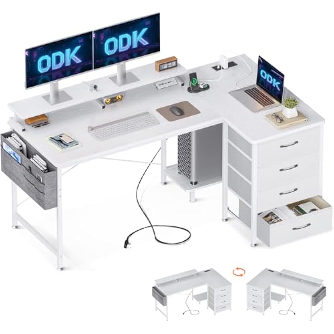 ODK Corner Desk with Drawers, L Shaped Computer Desk 140x80cm with USB Charging Port & Power Outlet, Home Office Desk with Monitor Stand and PC Stand, Gaming Desks Workstations, White