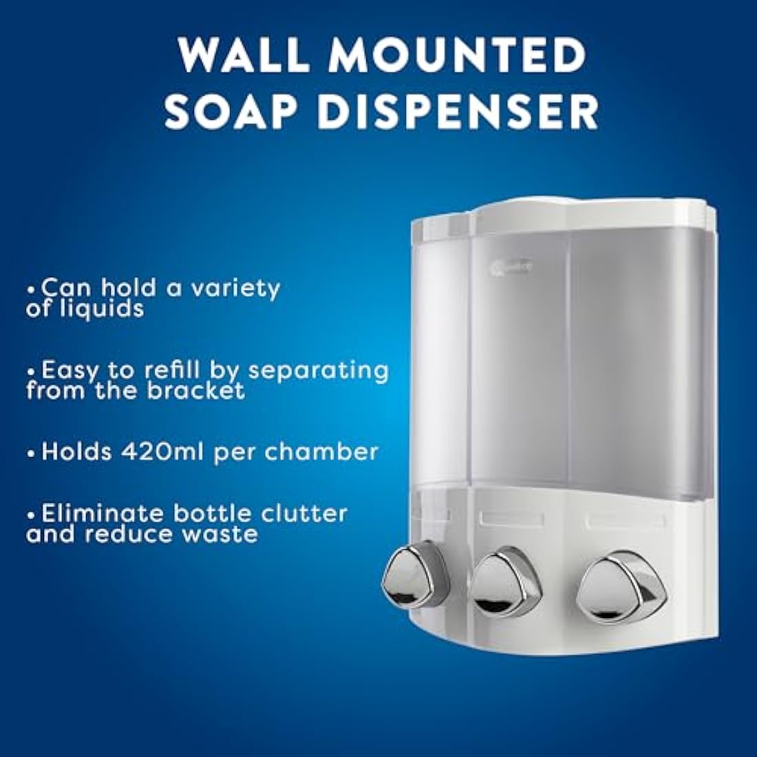 Croydex Wall Mounted Soap Dispenser - Eliminates Shower Clutter, Easy to Refill and Has a Pre-Measured Pump for Your Shower Gel, Shampoo and Conditioner, Mount On Corner or Flat Wall (White, 3x450ml)