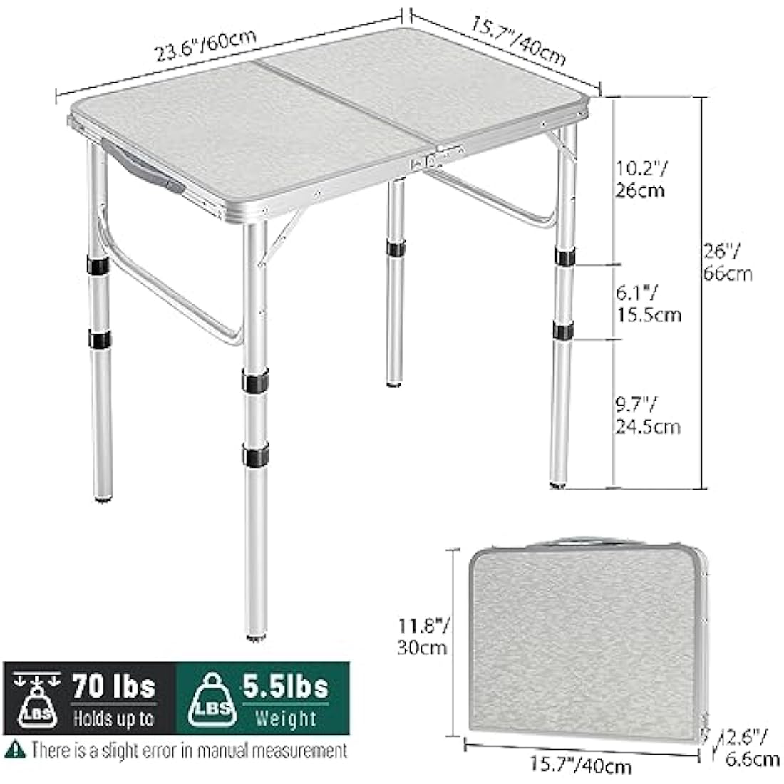 REDCAMP 2ft Folding Camping Table with 3 Adjustable Heights, Portable Foldable Picnic Tables for Outdoor Indoor Kitchen Garden, 3 Heights (26/50/66)