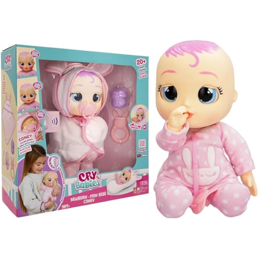Cry Babies Newborn Coney - Deluxe Interactive Newborn Doll with A Smart Bracelet, Real Tears and Baby Accessories-Gift Toy for Girls and Boys Ages 18 Months and Up, Pink