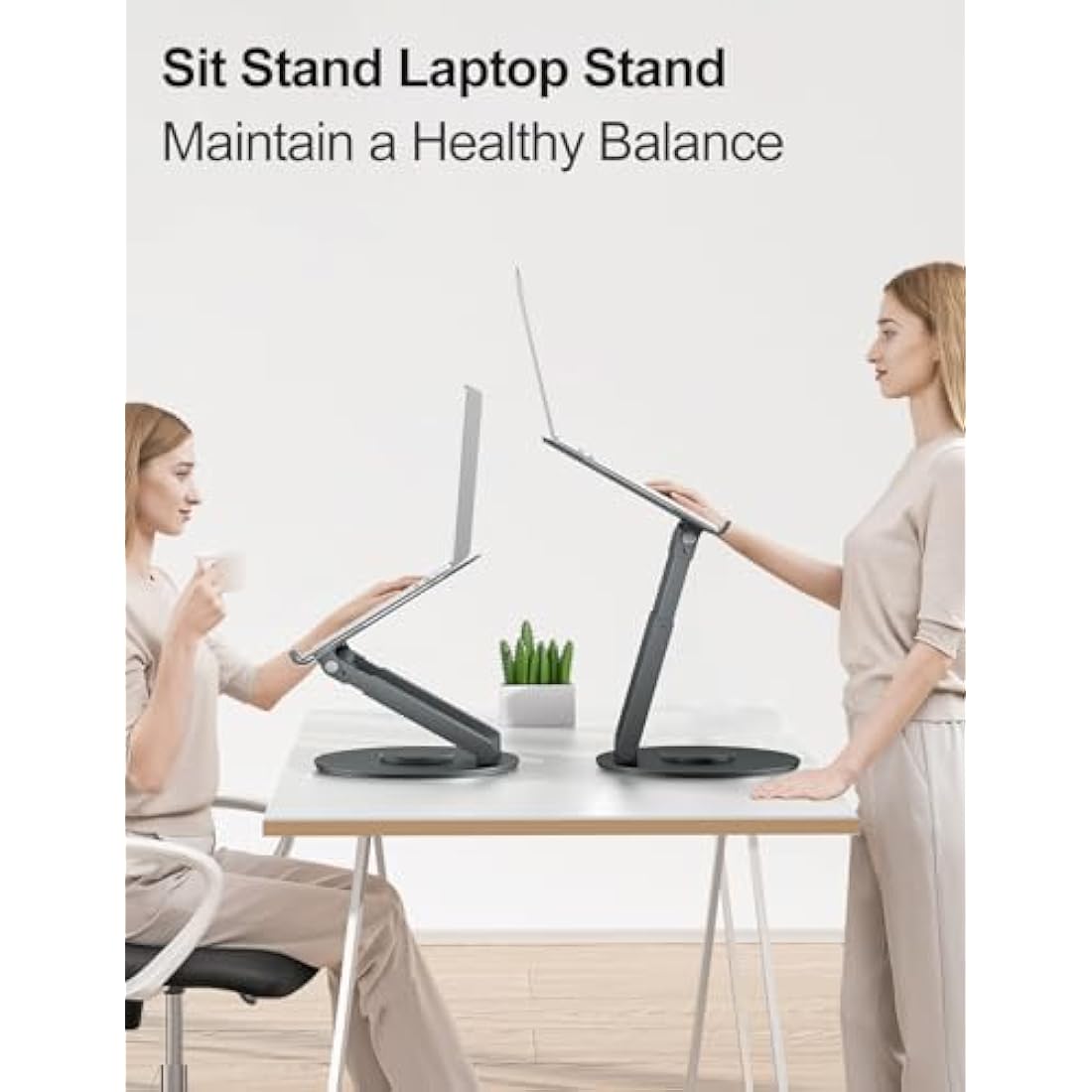 tounee Telescopic Laptop Stand for Desk with 360° Swivel Base, Sit to Stand, Height Adjustable, Portable Riser Holder for Good Posture, Compatible with MacBook Pro, All Laptops 10-17"-Gray