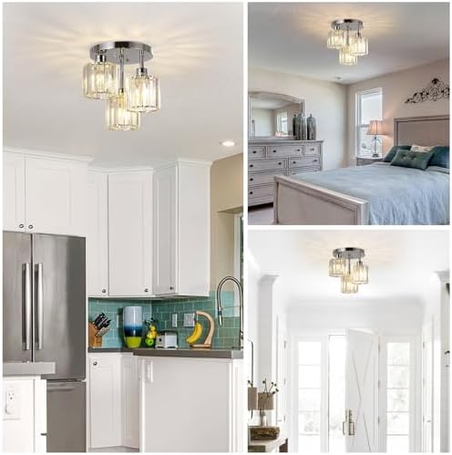 Rayofly Modern Crystal Chandeliers Ceiling Light, 3-Lights Crystal Ceiling Lights Living Room, Chrome Semi Flush Ceilings Light Fittings for Hallway, Bathroom, Bedroom, Foyer, Kitchen Light Fixture