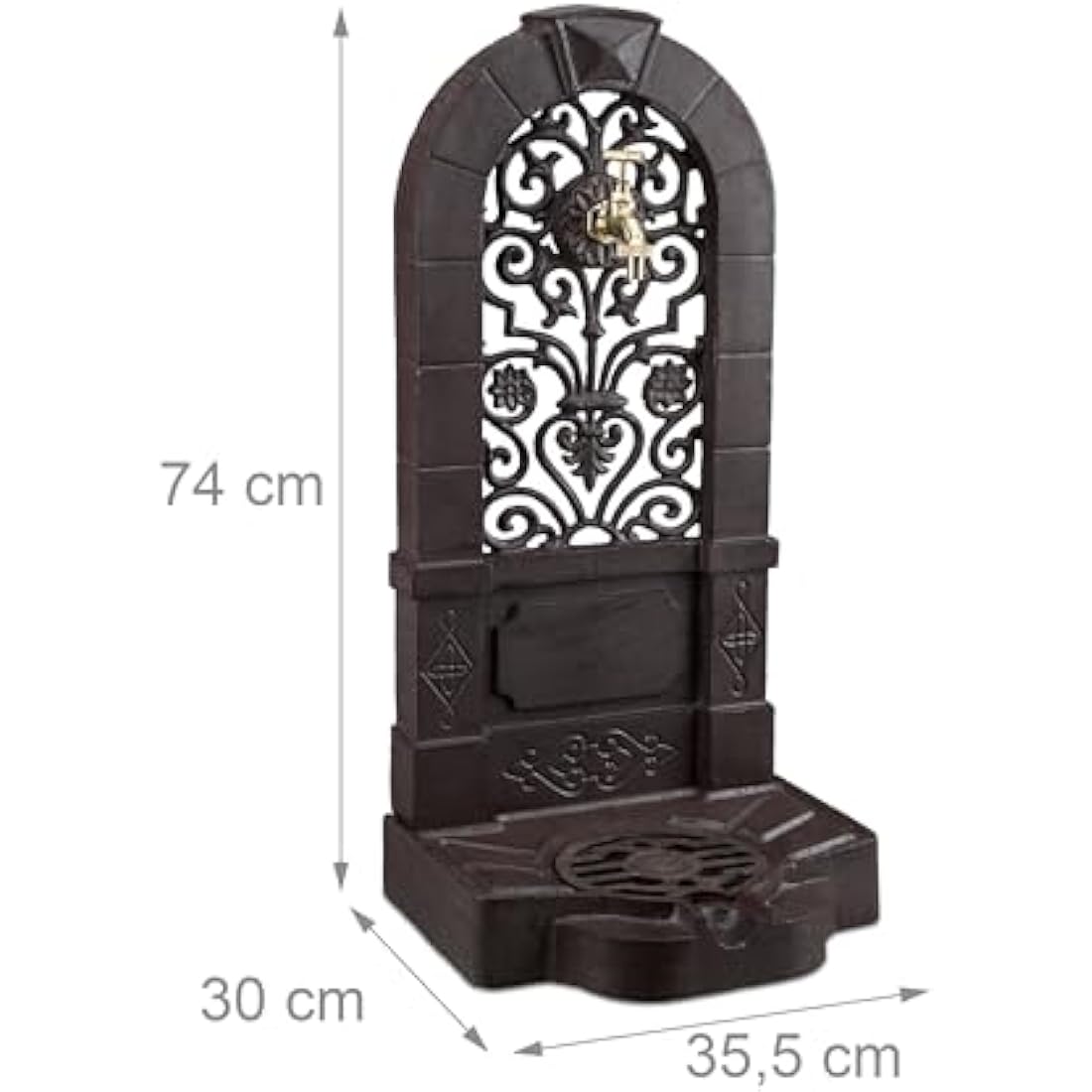 Relaxdays Free Standing Water Fountain, Antique-Style, Nostalgia, Garden, Patio, Faucet, Basin, HxWxD: 74 x 36 x 30 cm, Brown