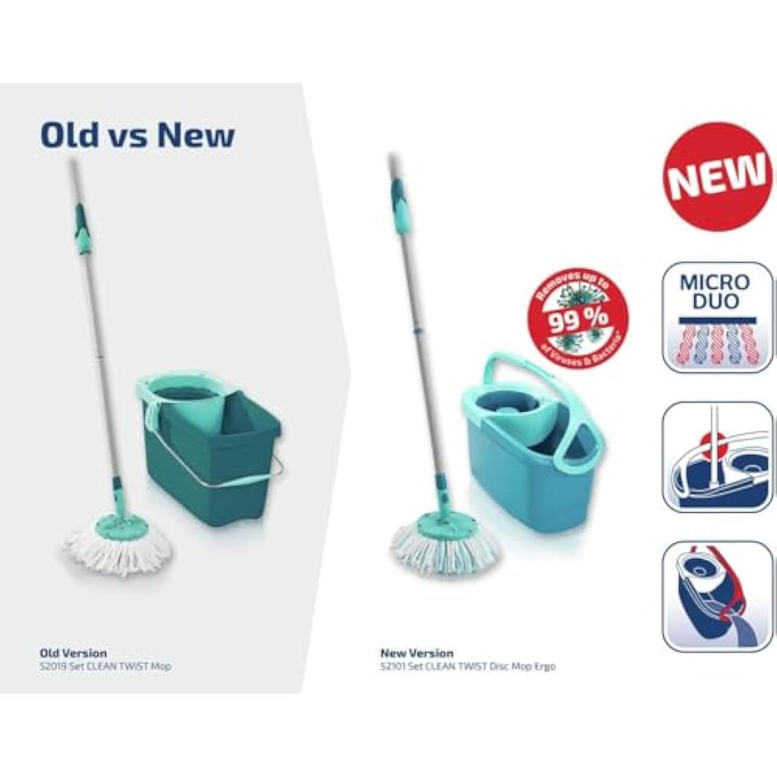Leifheit Clean Twist Disc Mop Ergo Mop and Bucket, Floor Mop with Moisture-Controlled Spin Mop, Easy-Steer 360 Joint Microfibre Mop Head, 33cm Wide, Twist Mop