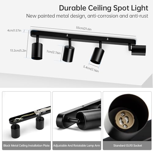 Wowatt 4 Way Spotlight Ceiling Light Rotatable, GU10 Industrial Ceiling Light Fitting Black Spot Light Bar Indoor Adjustable Light Ceiling Spot Lamp for Kitchen Bedroom Hallway, GU10 Bulb Not Included