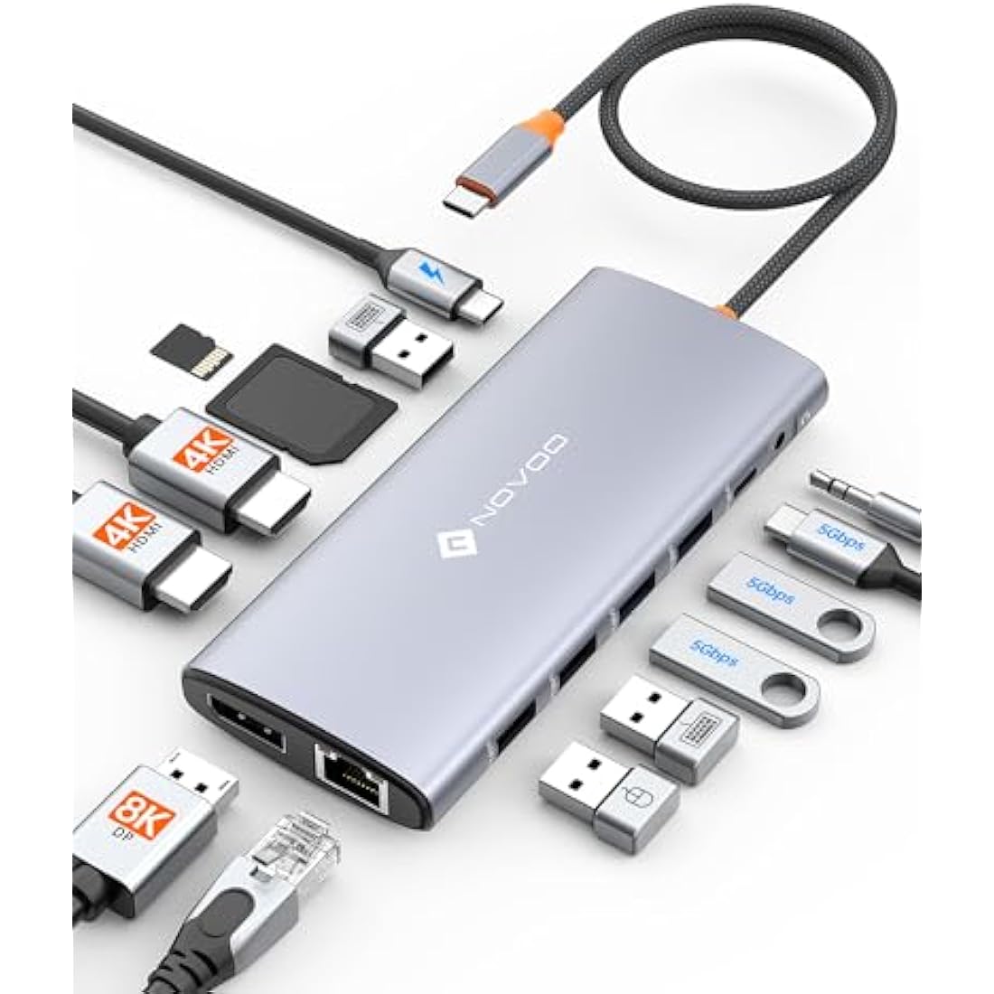 NOVOO USB C Docking Station Triple Display, 14-in-1 USB C to Dual HDMI Adapter with 40cm Cable, Dual 4K@60Hz HDMI, 8K@30Hz DP, 6 USB Ports, SD/TF, 3.5mm Jack, 100W PD, 1Gbps Ethernet for USBC Laptops