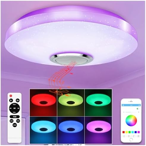 LED Ceiling Light with Bluetooth Speaker 36W Music RGB Brightness Dimmable Color Changing Cool/Warm White Ceiling Lamp with Remote Control and App, Family Party Ceiling Lights for Bedroom Kids Room