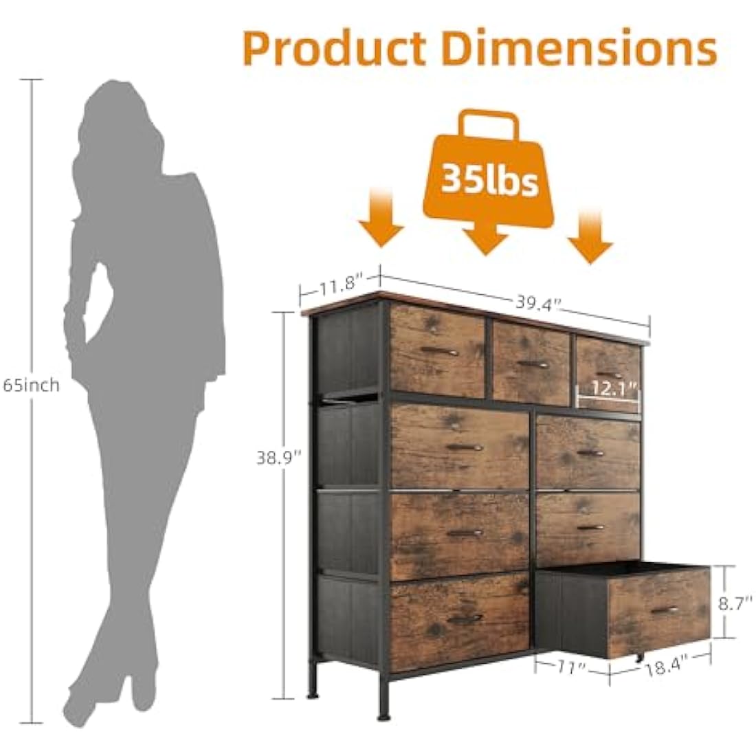 CAIYUN Chest of Drawers,Dresser for Bedroom with 9 Drawers,Fabric Dresser with Wood Top and Large Storage Space, Easy to Assemble, for Bedroom, Living room, Rustic Brown