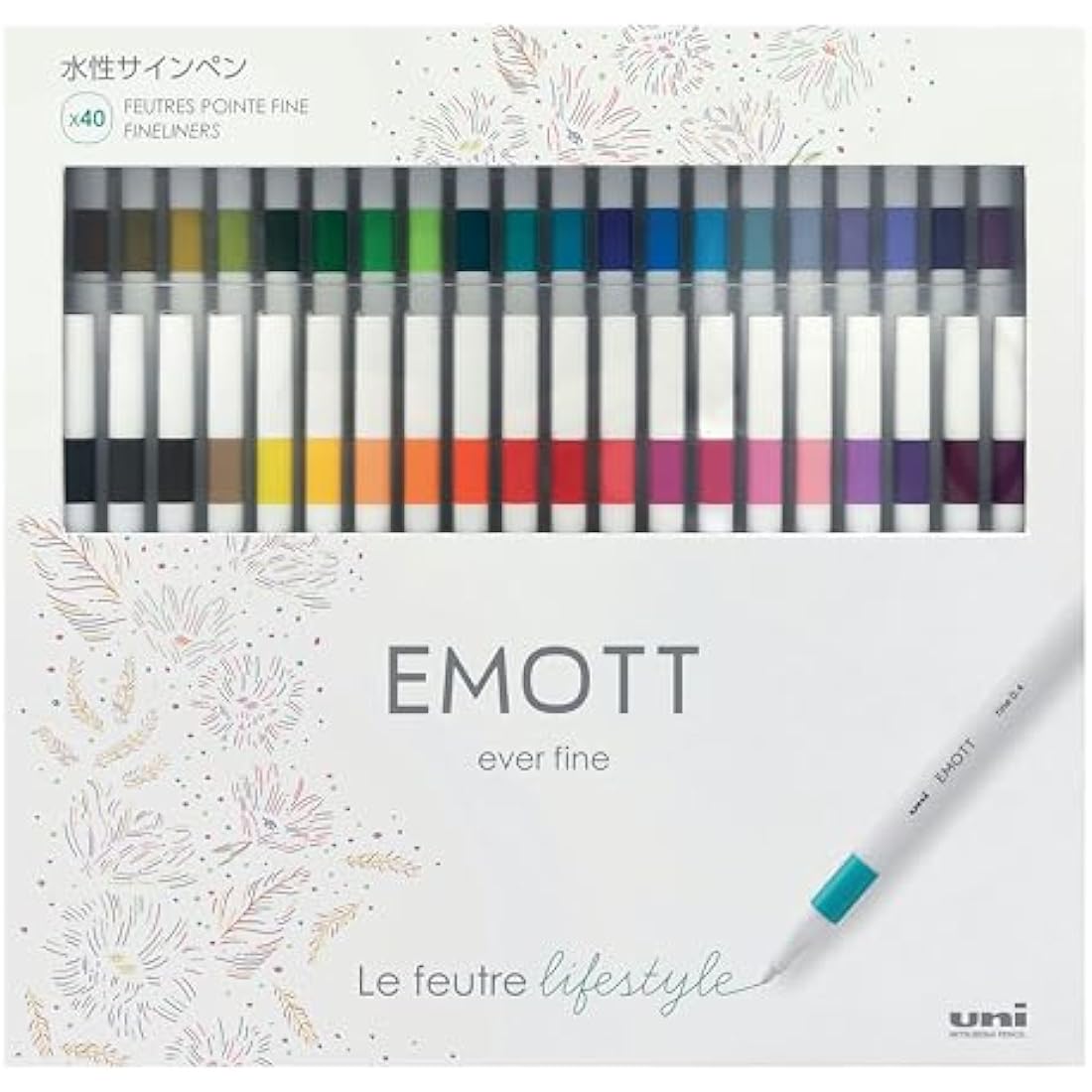 uni-ball Emott Uni Mitsubishi Pencil – 40 Felt Tip Pens Emott – For Writing, Drawing, Tracing in Style – Fine Tip 0.4 mm – 40 Colours