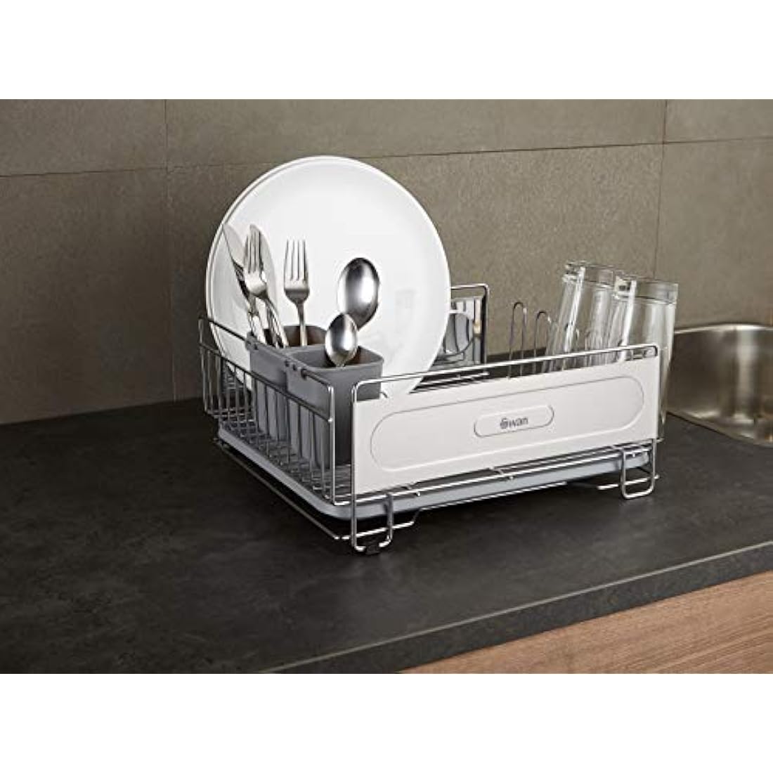 Swan SWKA5050N Dish Rack, Rust Resistant Dish Drainer with Anti Slip Feet and Drip Tray, Chrome