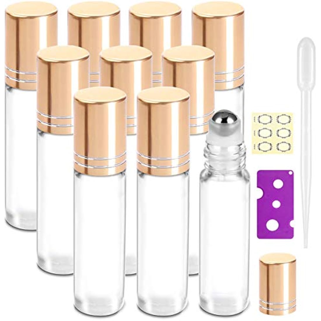 Yalbdopo 10pcs, 10ml Essential Oil Roller Bottles - Refillable Transparent Glass Roll-on Bottles with Stainless Steel Roller Balls & Gold Cap, Includes 12 Labels, Dropper & Opener