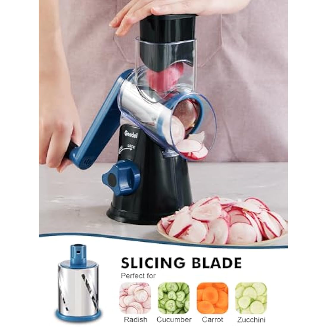 Geedel Rotary Cheese Grater, Vegetable Slicer with 3 Drum Blades, Grater for Kitchen Faster and Easy Cutting, Rotary Drum Grater Ideal for Cheese, Cucumber, Carrot, Potato etc