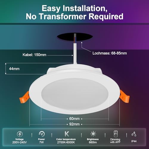 VARICART Smart LED Downlights for Ceiling Alexa, 7W Bluetooth RGB Colour Changing Spot Lights 2700K-6000K, Dimmable Recessed Ceiling Lights, APP Control for Living Room Bedroom Kitchen, 6 Pcs
