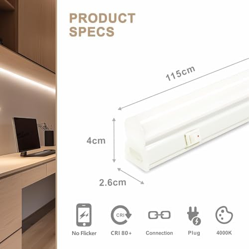 Qsmile LED Batten Lights with UK Plug, 6-Pack 4FT 18W 2200lm Garage Lighting, T5 4000K Workshop Lighting, Connect Up to 6 LED Tube Lights, Office Lighting with On/Off Switch, Light Fixture