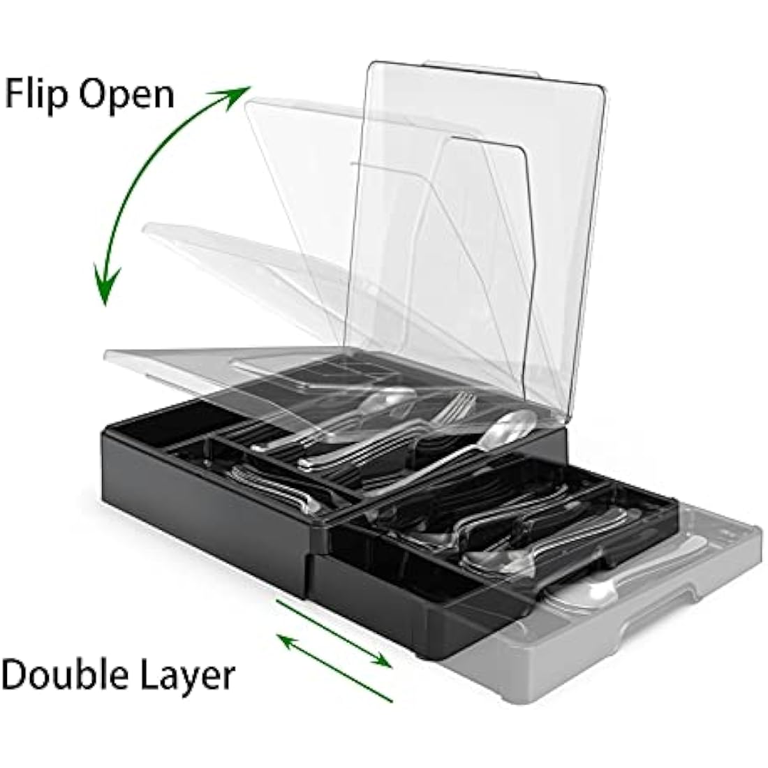 WURDON Double Layer Flatware Organizer with Lid, Cutlery Tray for Countertop Silverware Tray for Kitchen Drawers with 2 Tier Utensil Holder and 9 Compartments Silverware Storage Bin (Black)
