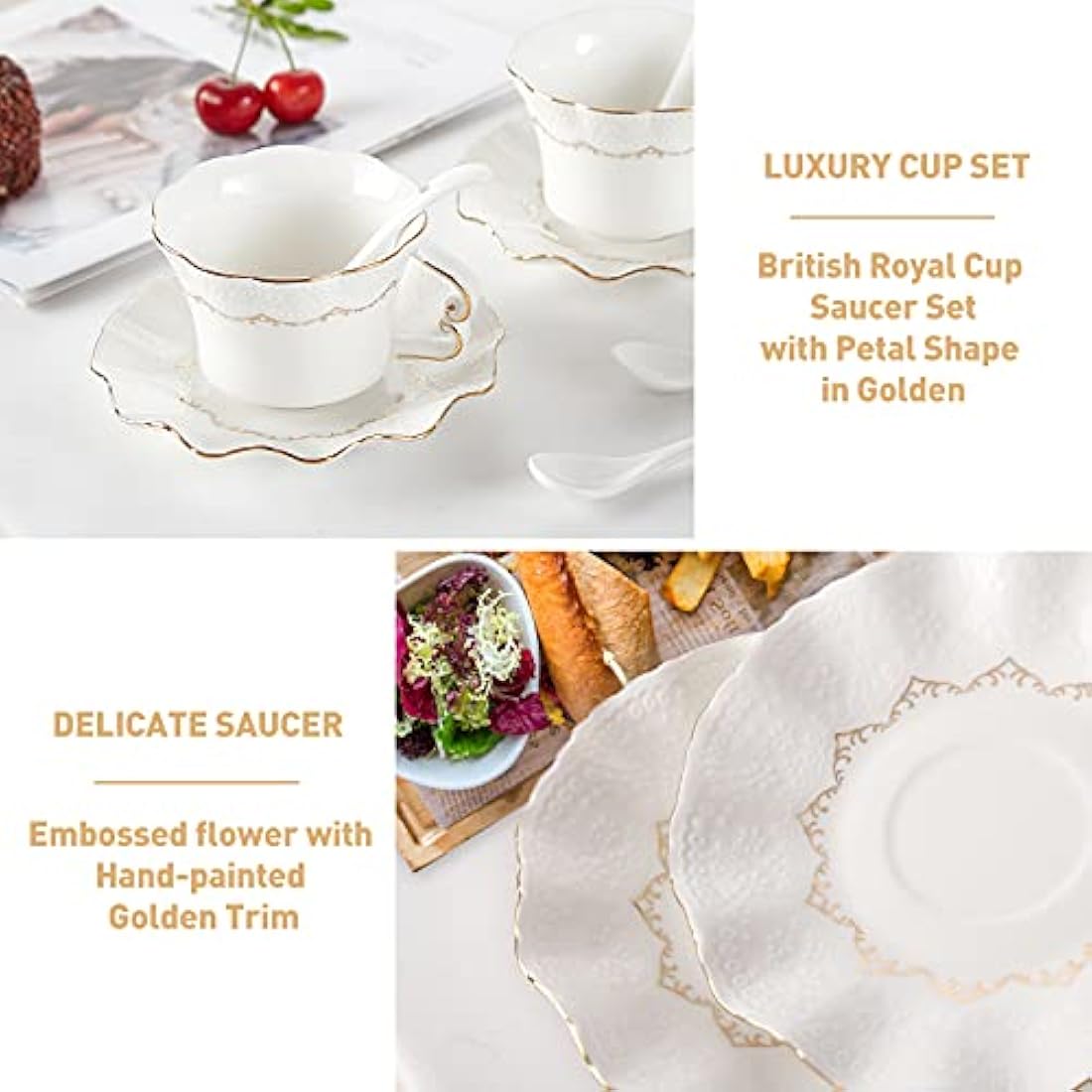 DUJUST Tea Cups and Saucers Set of 6 (200ml /7 OZ), Luxury Tea Cup Set with Golden Trim, Relief Printing Coffee Cups with Metal Stand, British Royal Porcelain Tea Party Set - White