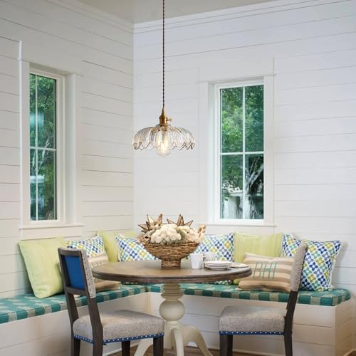 XZHGCEE Glass Pendant Light Fixture with Clear Flower Shade: Vintage Hanging Lights for Kitchen, Dining Room, Bedroom - Rotating Switch & 33-168cm Adjustable Height