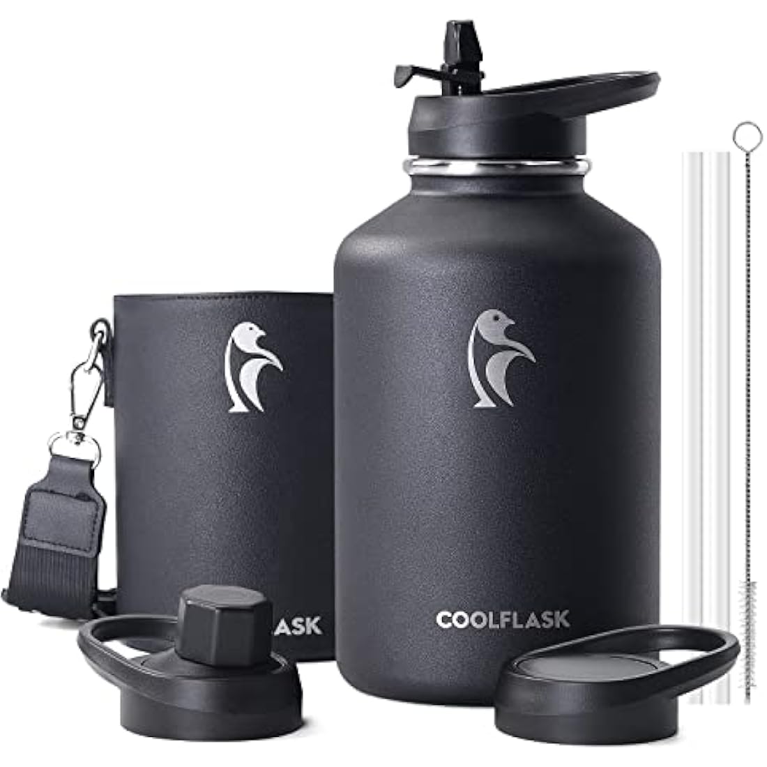 Coolflask 2L Water Bottle Stainless Steel with PU Leather Sleeve, Half Gallon Insulated Water Bottles with Straw Lids, Stainless Steel Metal Large Water Jug, Keep Cold 48h Hot 24h, Polar Black