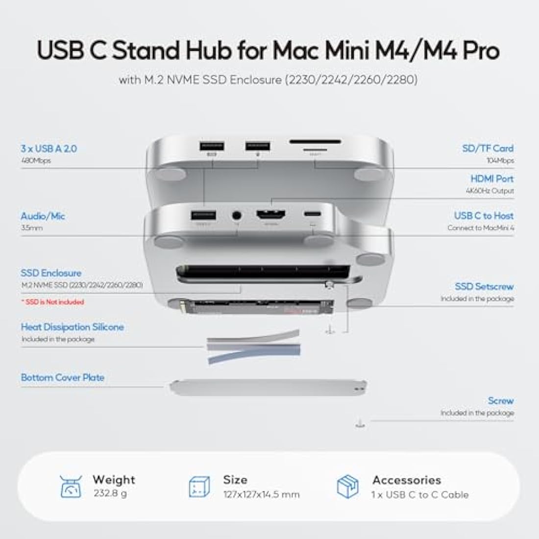 PULWTOP Mac Mini M4 Dock with 4TB M.2 SSD Enclosure (SSD NOT Included), Mac Mini M4/ M4 Pro Hub Stand with HDMI 4K 60Hz, 2024 MacMini USB C Hub Accessories, 3 USB A 2.0, SD/TF Card Slots, 3.5mm Audio