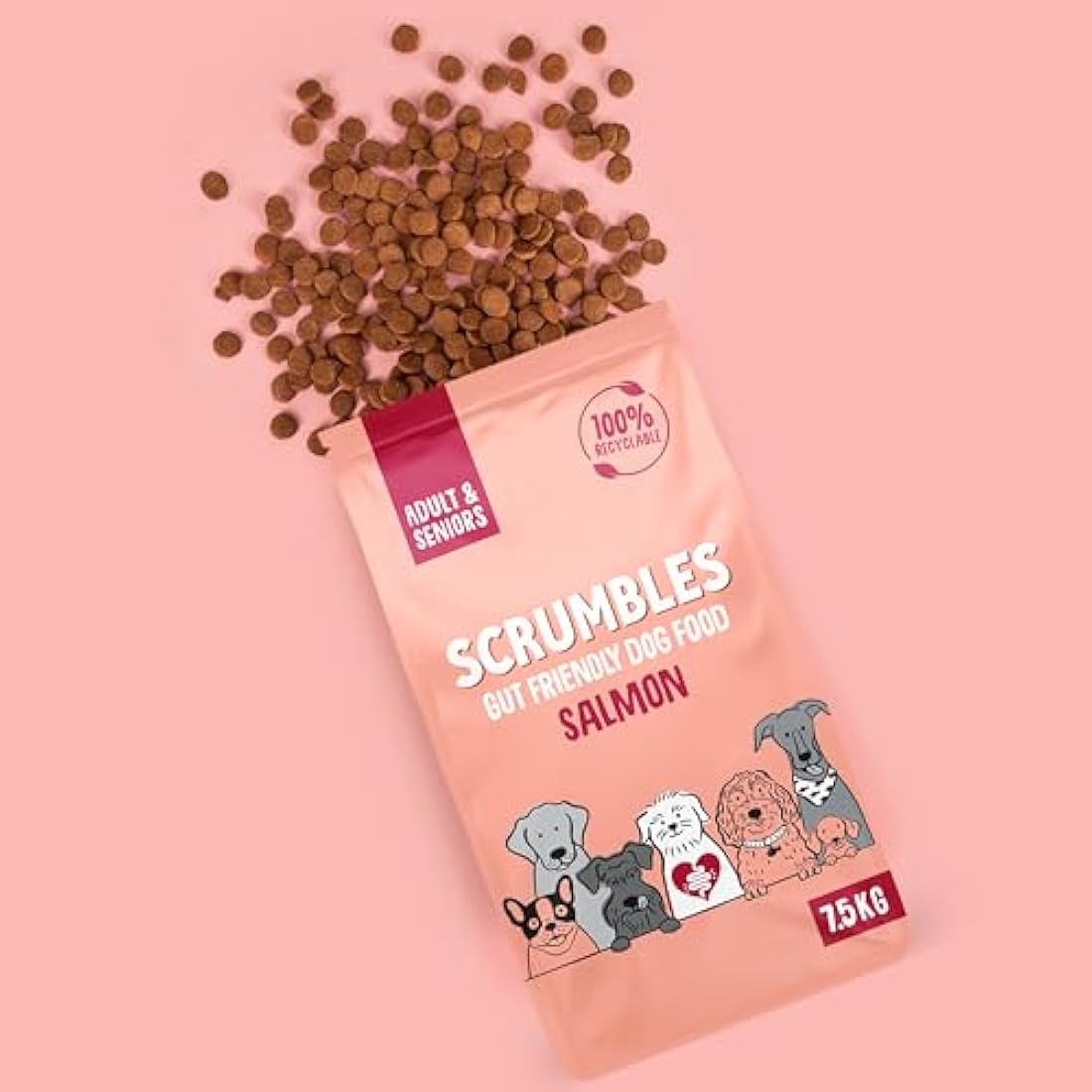 Scrumbles Natural Dry Dog Food, Grain Free Recipe with Fresh Salmon, for Adults and Senior Breeds, 7.5 kg Bag