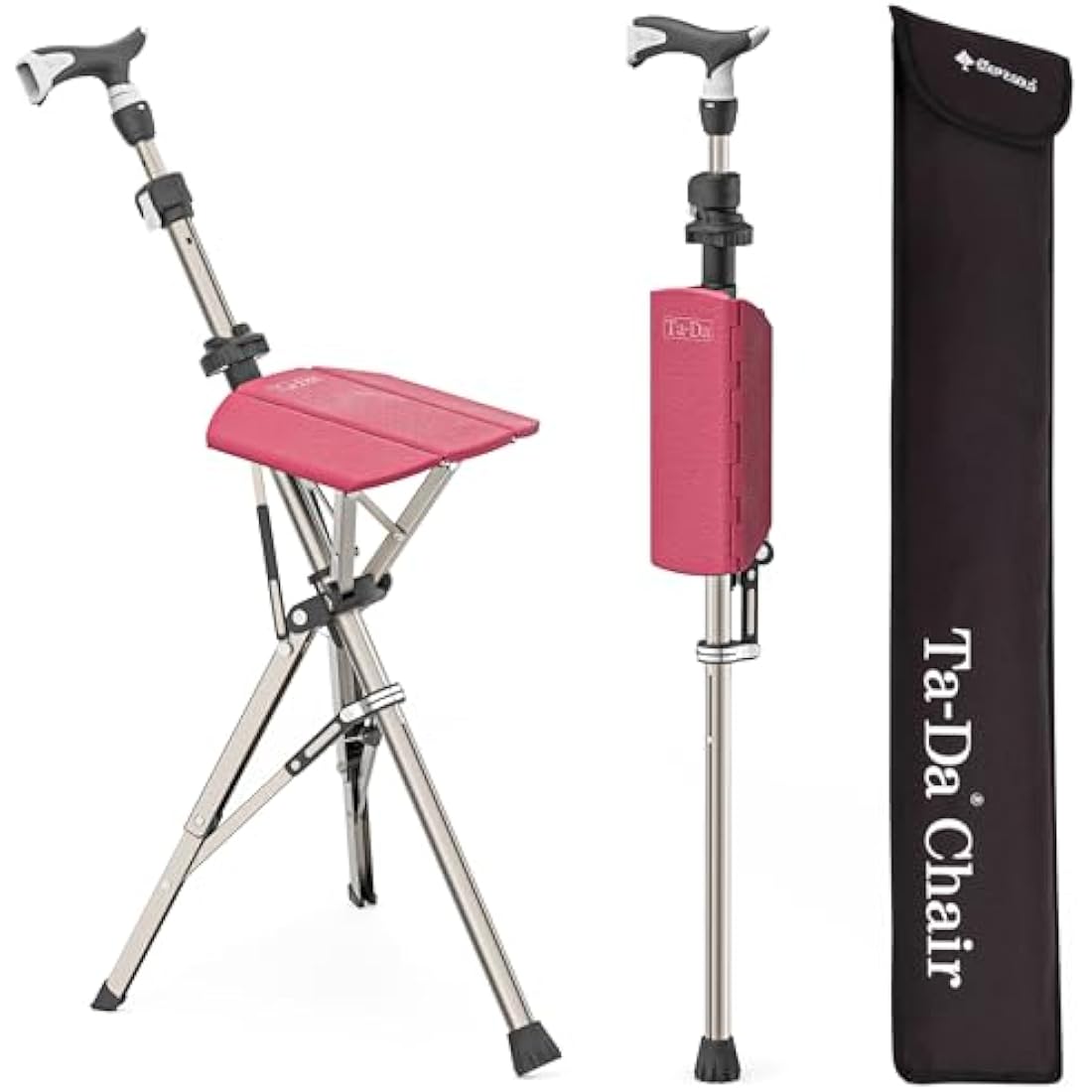 Ta-Da Chair PRO - Walking Stick with Seat, Ultra-Light Aluminium Frame & Sturdy Foldable Stool (up to 120kg), Collapsable Folding Design, Ideal for Travel & Sightseeing - Red, Adjustable