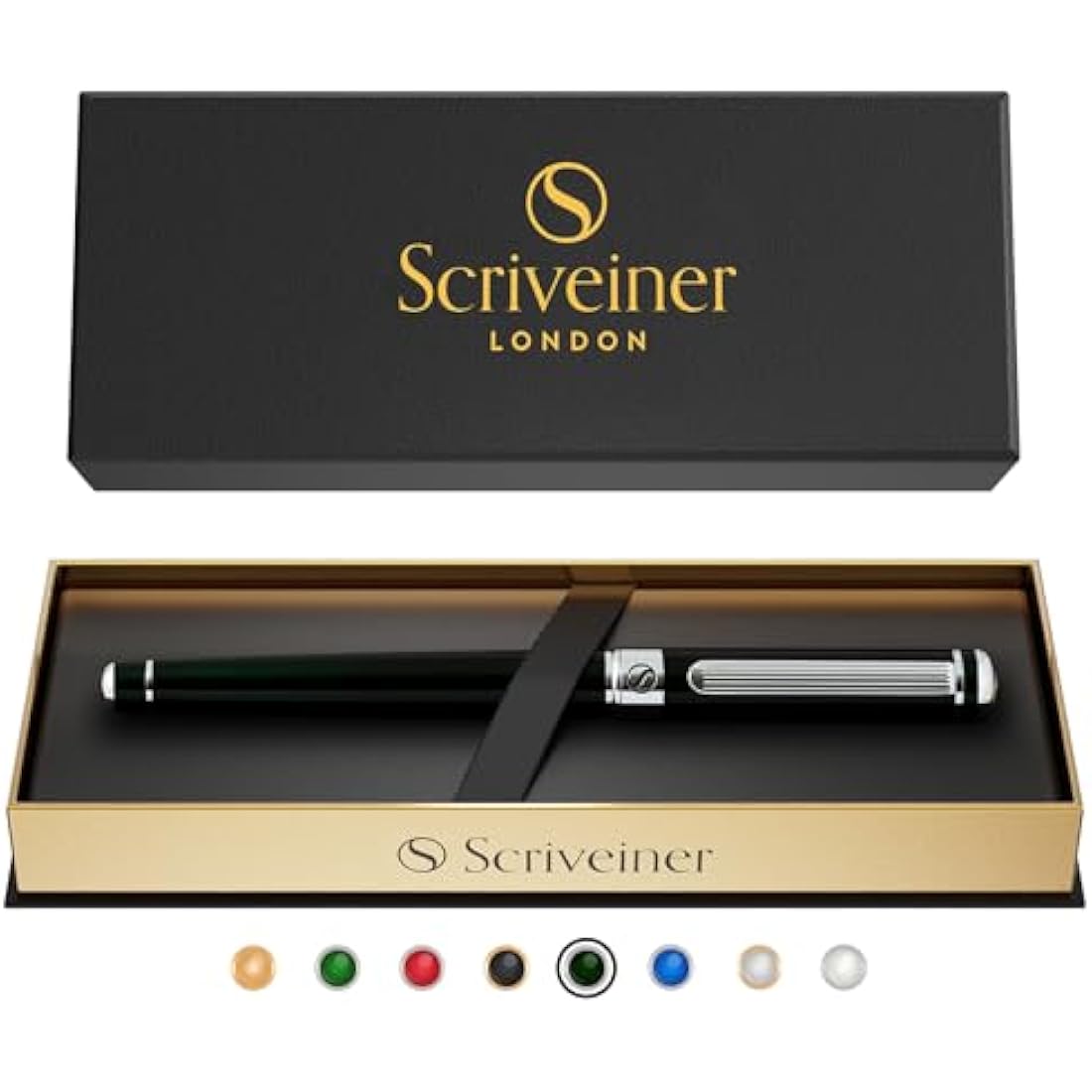 Scriveiner Black Green Rollerball Pen - Multi Award Winning Luxury Rollerball with Chrome Trim & Schmidt Refill, Quality Executive Writing Pen for the Office, Journaling or Gift Set for Men & Women