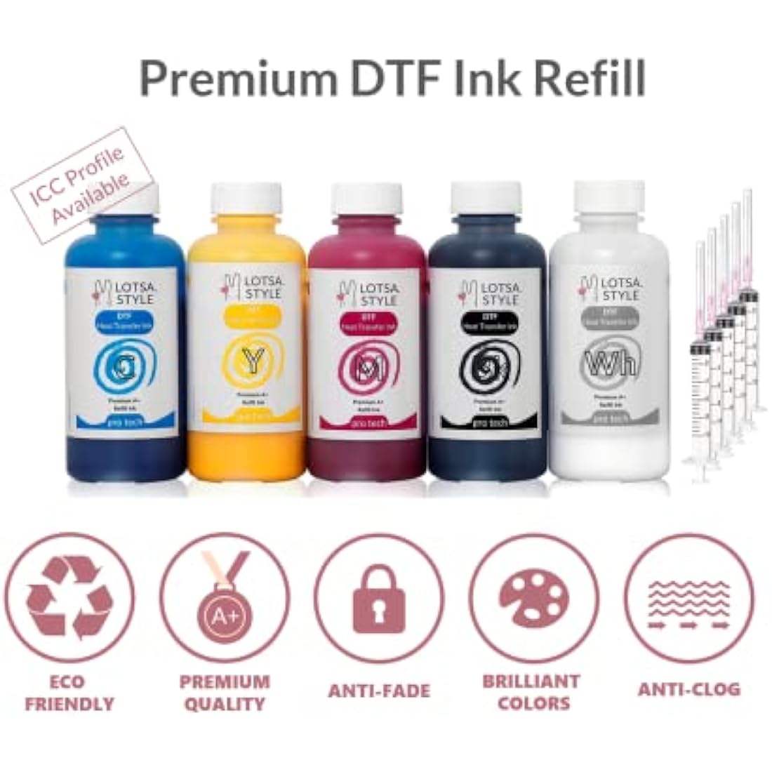LOTSA. STYLE Premium DTF Ink Refill for Inkjet Printers Heat Transfer Film Printing (120ml x 6, CMYK Wh)