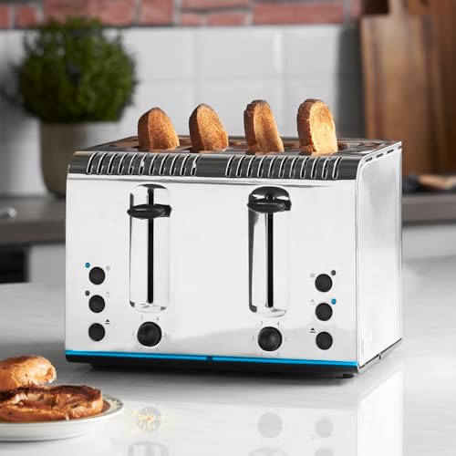 Russell Hobbs 4 Slice Buckingham Toaster with Fast toast technology - (Blue light strip indicates toasting, Independent & Extra wide slots, 2400W,