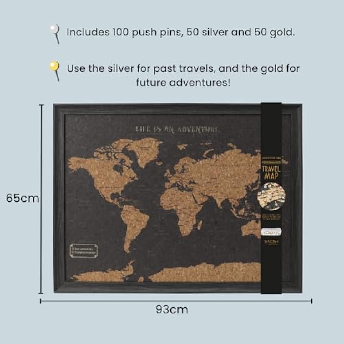 Splosh Large Maps. World Map Pin Board in Black, Wooden Frame. World Map Cork Board with 100 Pins in 2 Colours to Mark Your Past and Future Adventures. Framed World Maps for Wall. (Black)